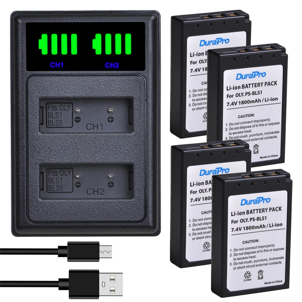 Durapro 1800Mah Ps-Bls1 Batteria + Led Doppio Caricatore Per Olympus Evolt E-400 E-410 E-420 E-450 E-600 E-620 Penna E-P1 E-P2 E-P3
