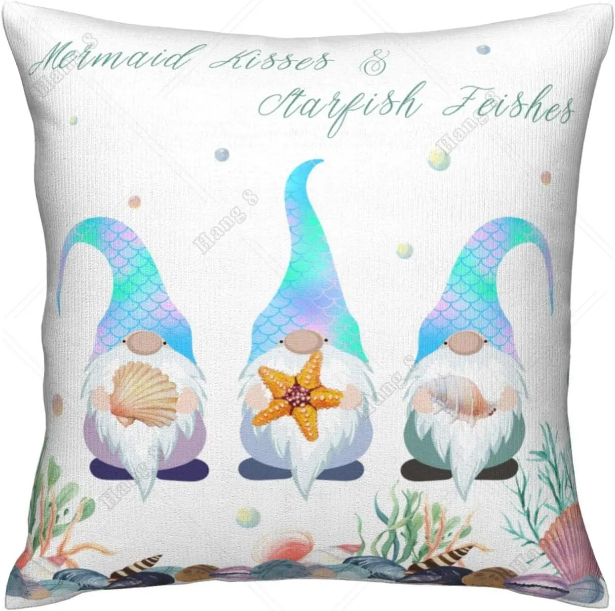 

1PC Square Throw Pillow Covers Gnomes Holding Starfish Conch with Mermaid Tail Pillow Cases Decorative for Home Bedroom Sofa