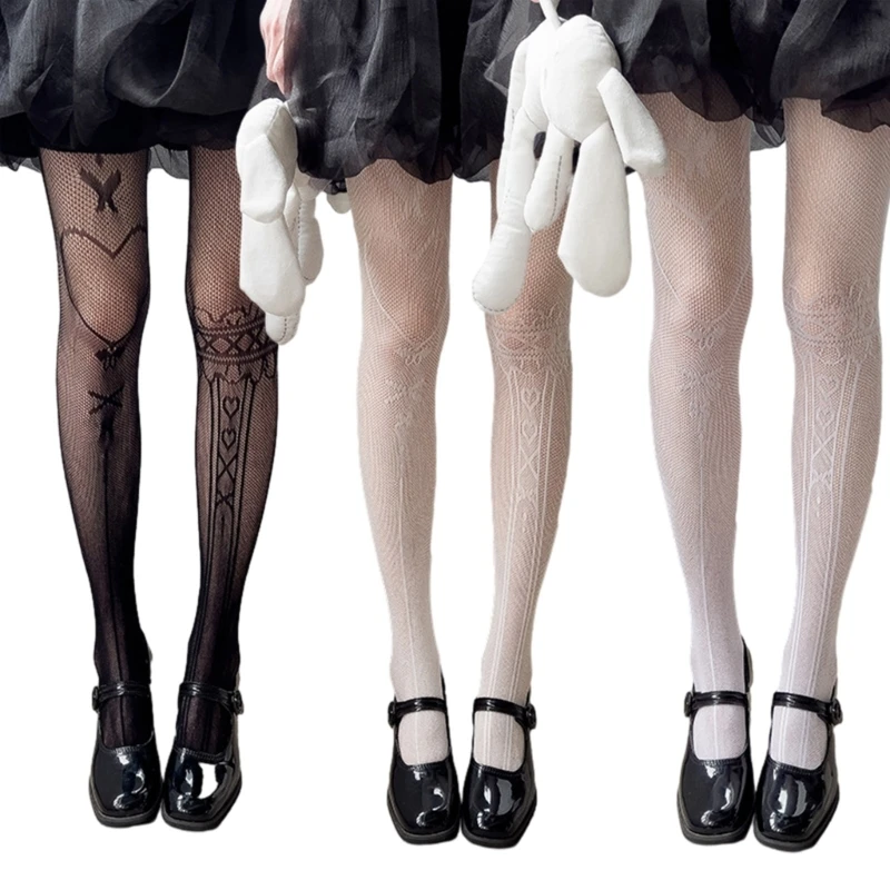 

Women Japanese JK Fishent Pantyhose Stockings Harajuku Asymmetrical Hollow Out Love Heart Patterned Mesh Tights Hosiery