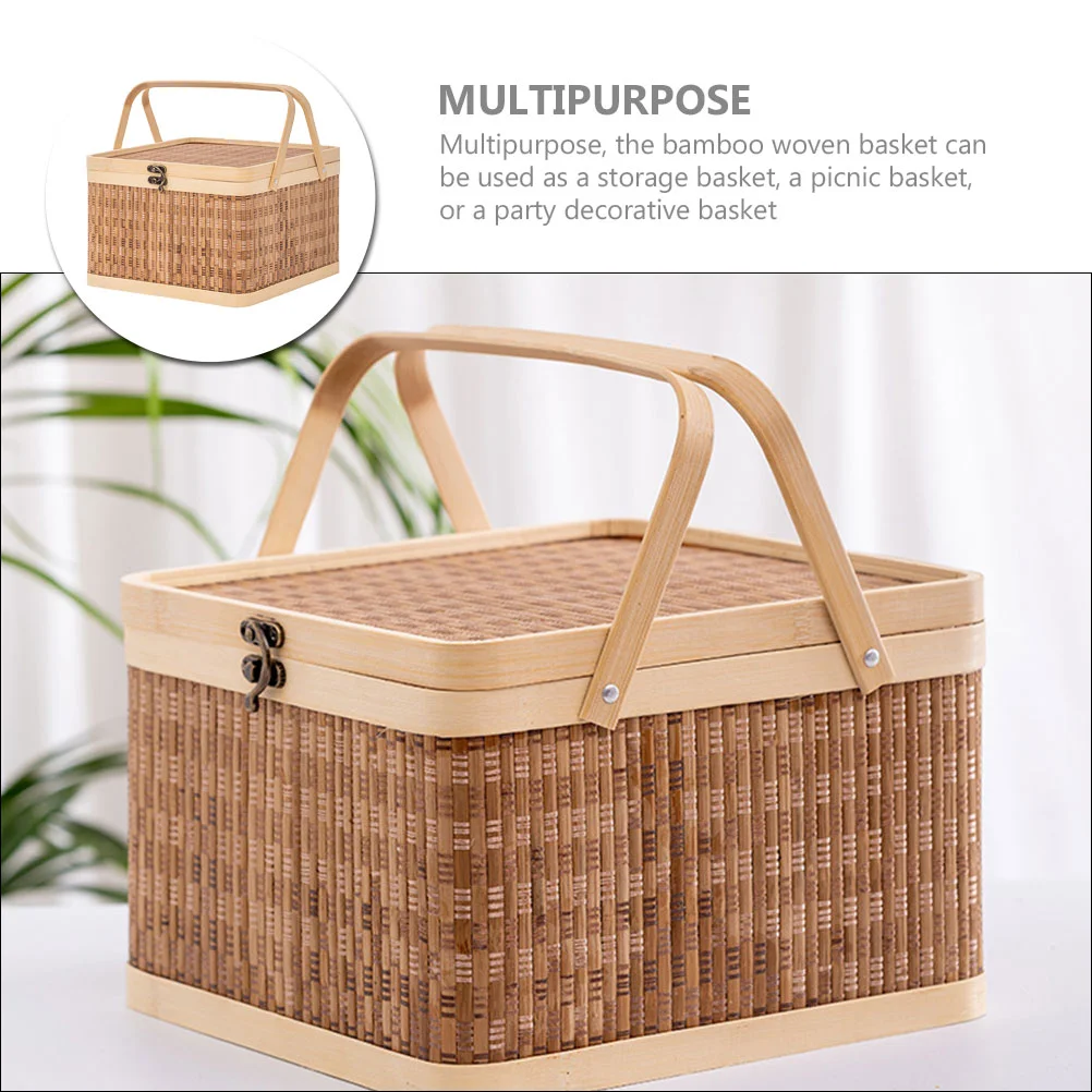 Portable Large Capacity Bamboo Woven Basket Egg Storage Holder Picnic Basket Vegetable Basket Lidded Bamboo Basket Home Storage 4