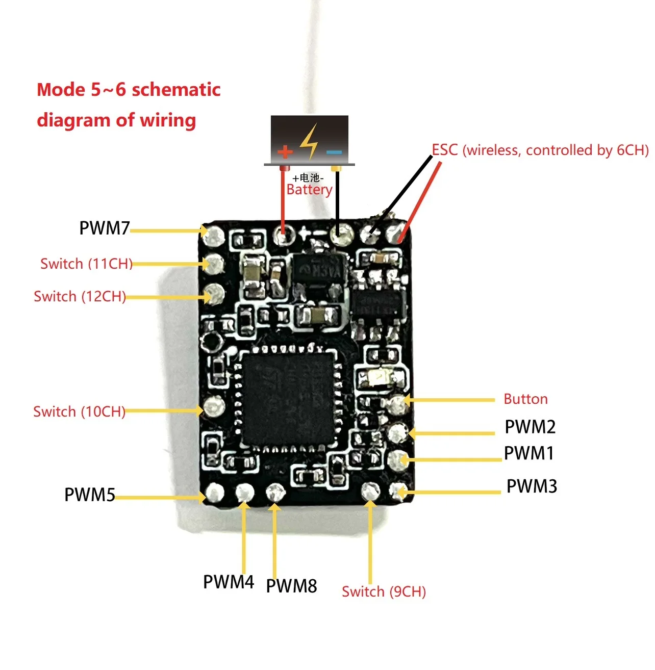 Connecteurs du micro récepteur RC avec ESC intégré, prêt pour installation sur modèle réduit.