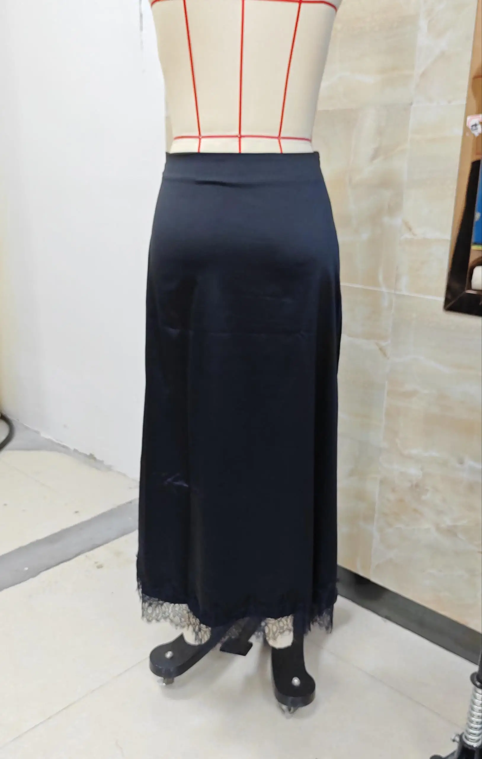 hirigin Elegant Lady Elastic Waist Silky Lace Trim Midi Skirt Women Satin Lace Long Skirt Y2k Half Slip Maxi Skirts Under Dress