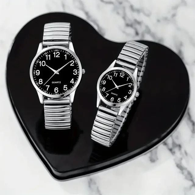 Montre à quartz avec bracelet élastique en alliage noir, chiffres arabes, pour homme et femme, coffret cadeau pour les amoureux. 1
