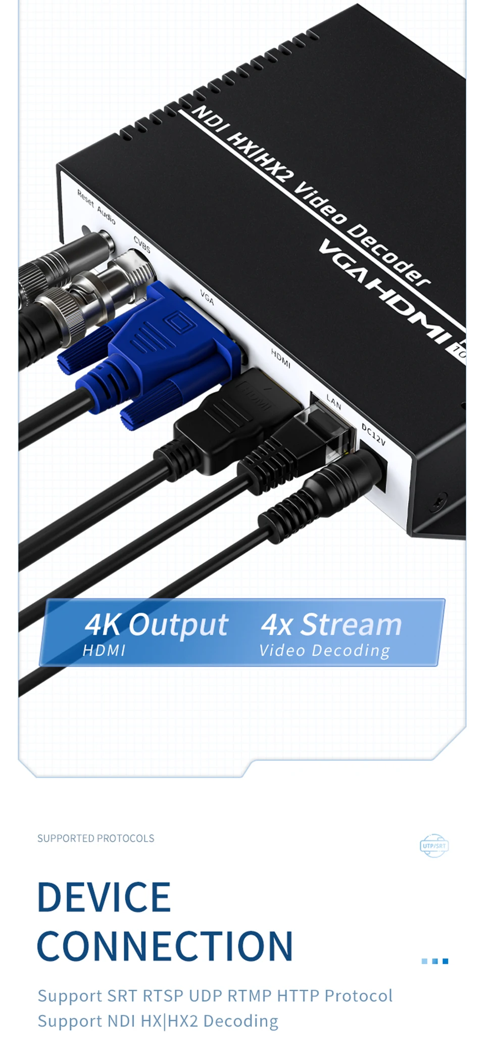 NDI HX2 UHD RTSP RTMP SRT UDP H.265 H.264 Muti-Viewer Wireless VGA HDMI Video De