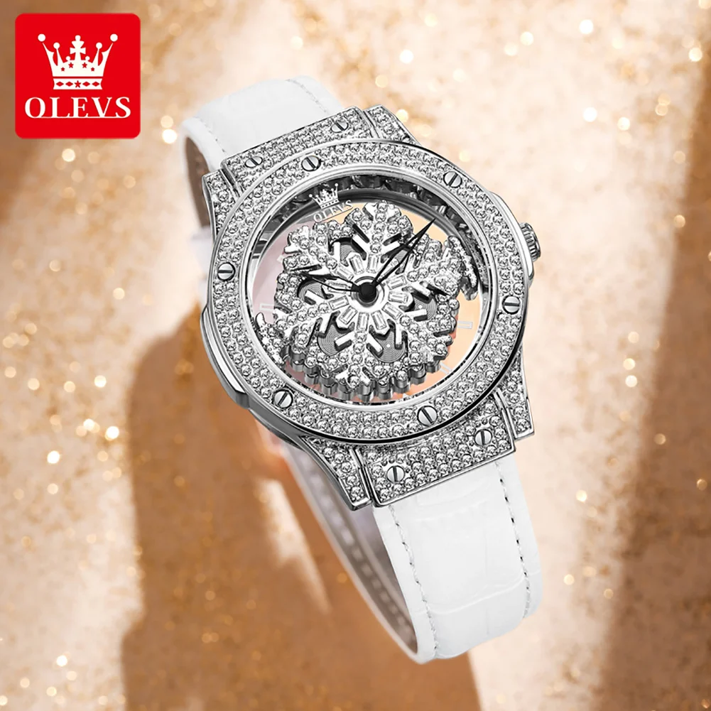OLEVS Elegant Quartz Watch for Women Luxury Star Snowflake Dial Women's Watches Leather Strap Fashion Ladies Wrist Watches Clock