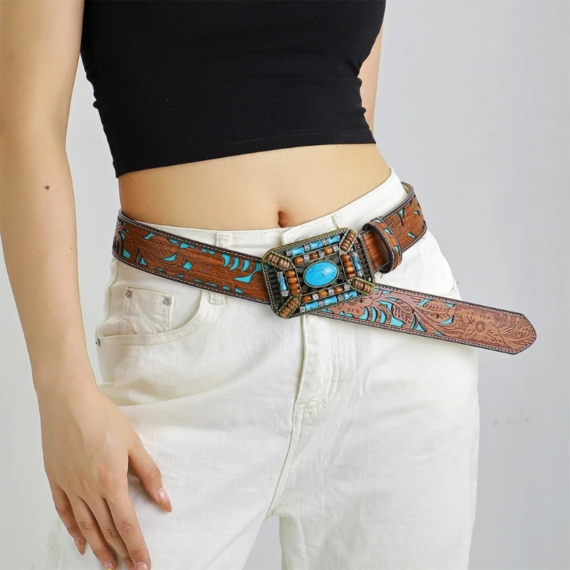 

Vintage Cowboy Belt for Women Wood Bead Buckle Bohemian Belt Cowgirl Belt for Teens Engraved Pattern Jeans Hollow Belt