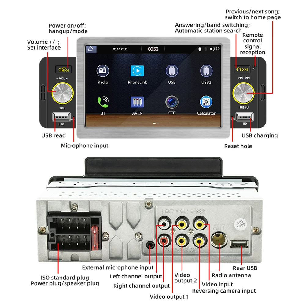 

5 Inch Touch Screen Car Radio Audio 1 Din CarPlay Android Auto Multimedia Player BT 5.1 MirrorLink FM Receiver Car Accessories