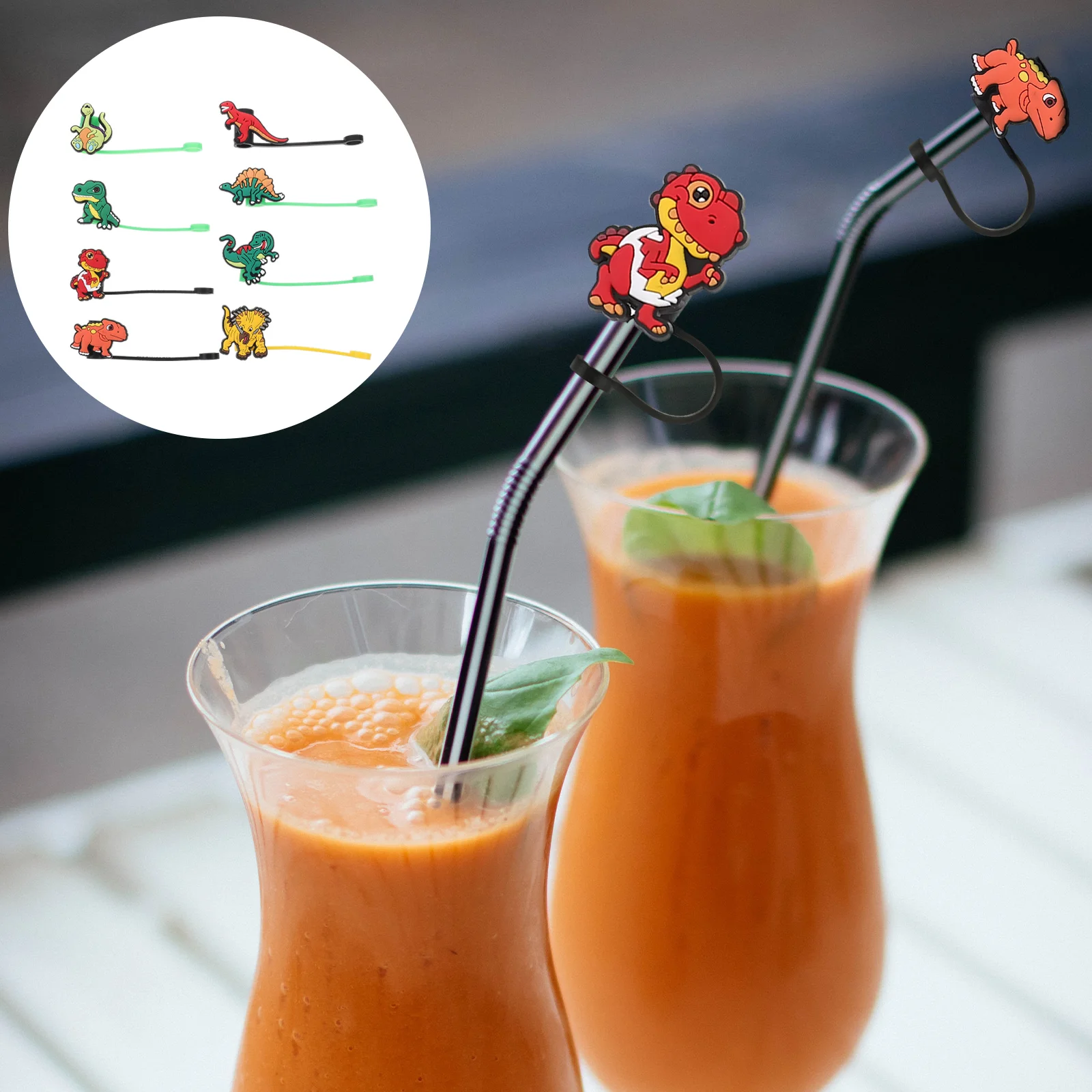 8 Pcs Cute Dinosaur Straw Protection Covers Dinosaurs Cap Colored Toppers Stainless Steel Straws Cartoon Tips Pvc Drinking Caps