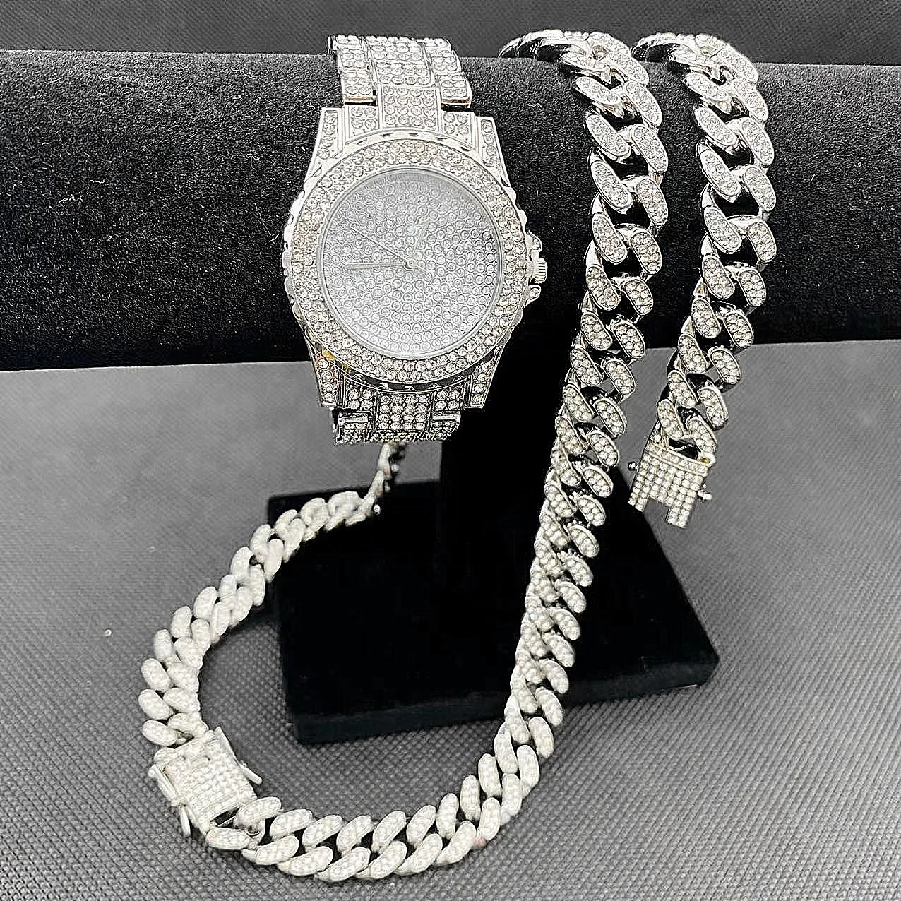 3PCS Mens Women Watches Jewelry Set Iced Out Watch Necklace Bracelet Bling Bling Diamond Miama Cuban Link Chain Choker Men Watch