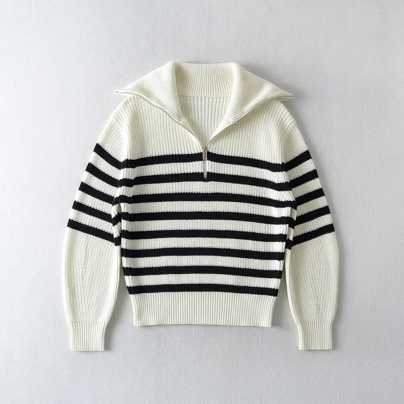 Women Striped Chunky Quarter Zip Collared Knit Sweater Jumper