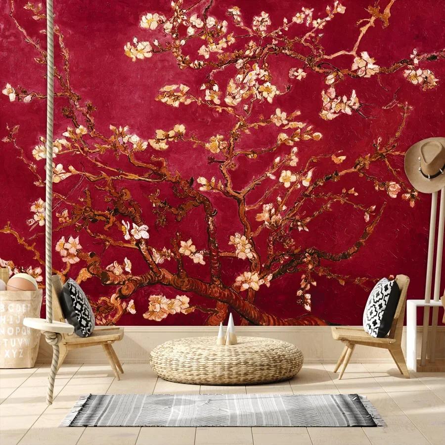 Papier peint mural autocollant pour la décoration intérieure, art mural pour les murs de la chambre à coucher, salon, impression de fleurs d'amandier de Van Gogh, murale de télévision 1