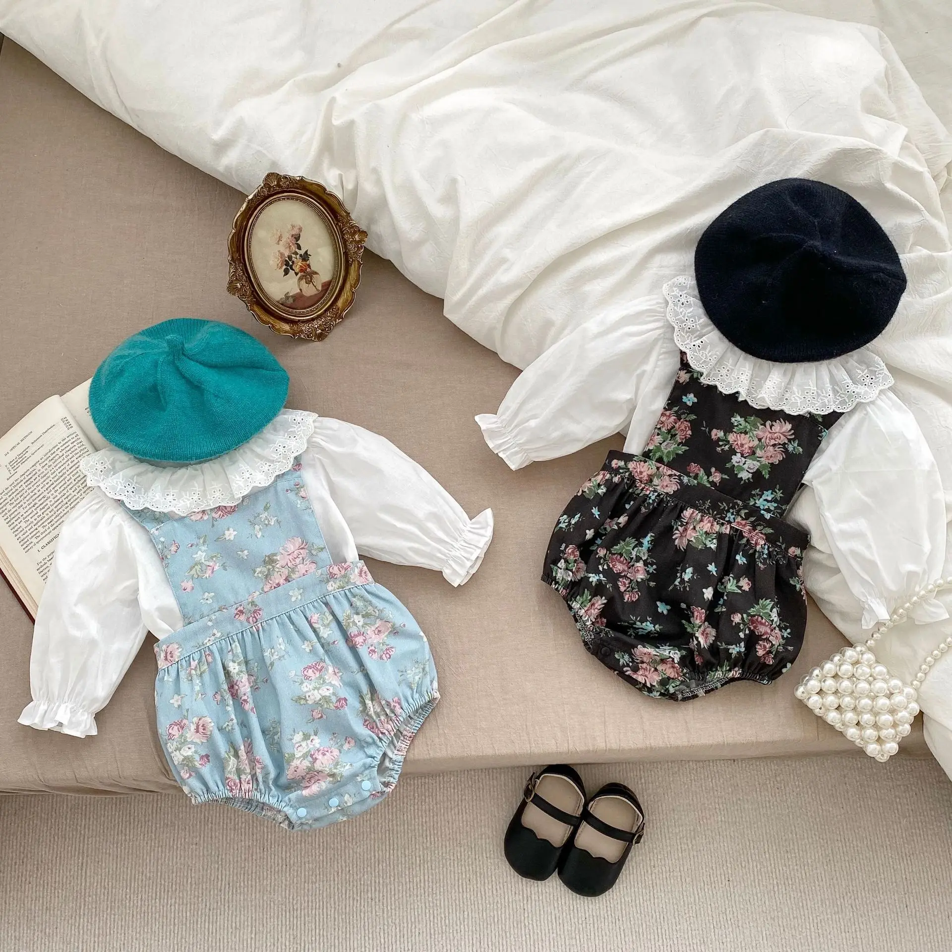 

Autumn Baby Clothes Girls Baby Floral Suspender Bodysuit Sleeveless Jumpsuit Or White Lace Collar Tops Toddler Girl Two Piece