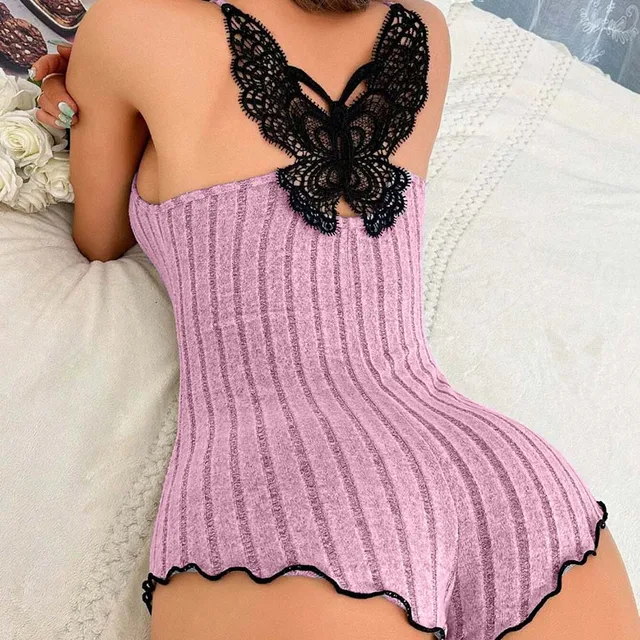 Women's Suspenders Lace Trim And Bow Design Pajamas Sleeveless V-Neck Pajamas Set Sleepwear Suit Sexy Solid Home Clothes Summer 1