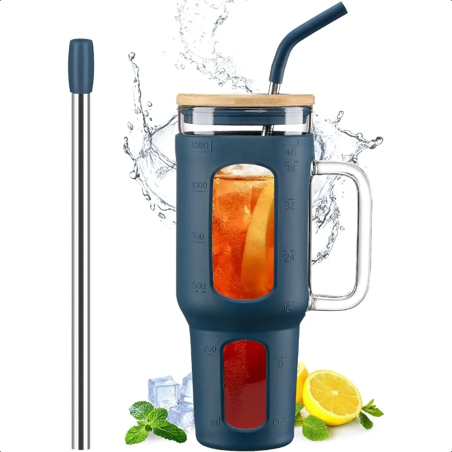 Large Glass Tumbler with Lid and Straw