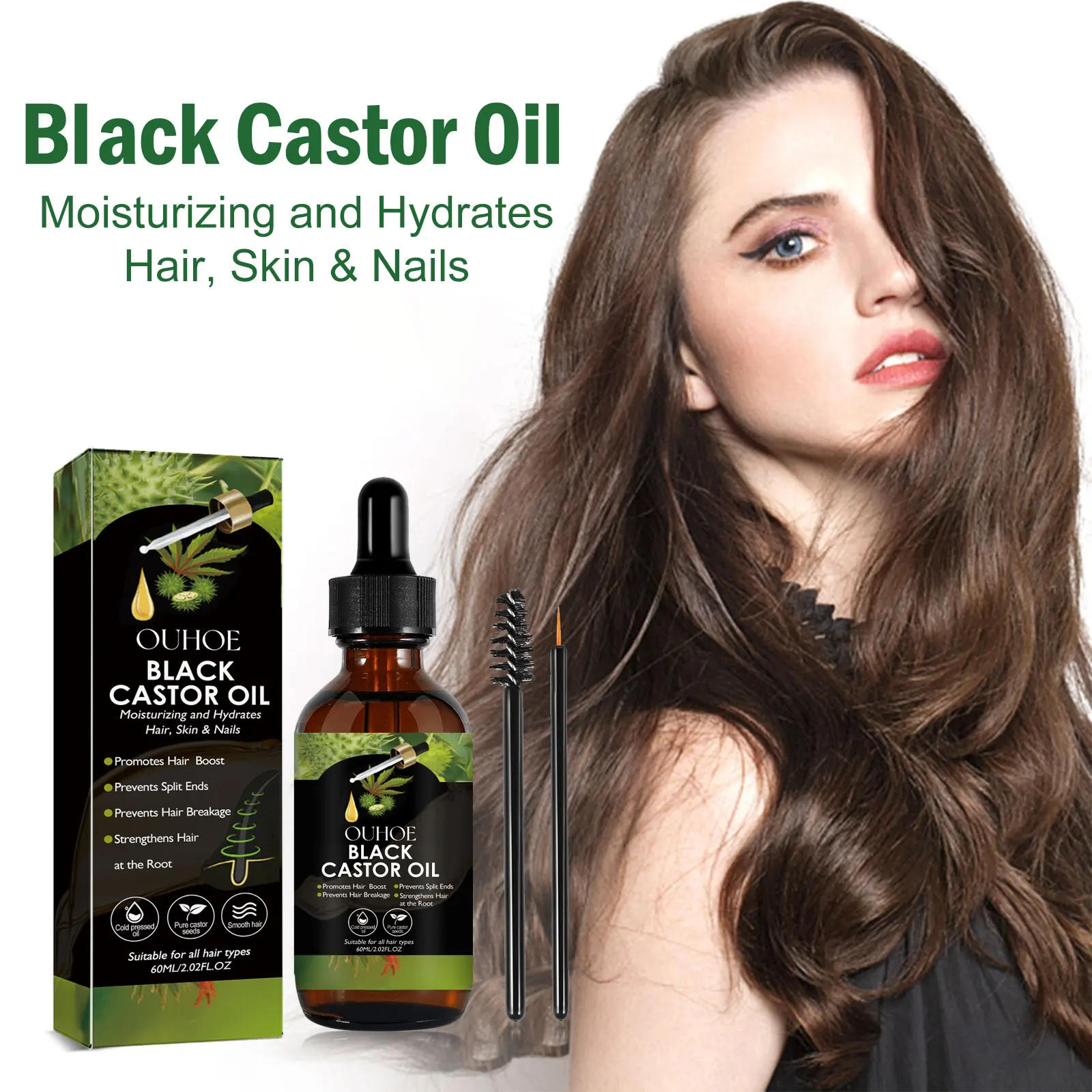 OUHOE Black Castor Oil 100% Organic Moisturize Hair Growth Serum Prevent Hair Loss Soft Bright Dense Hair Care Essential Oil