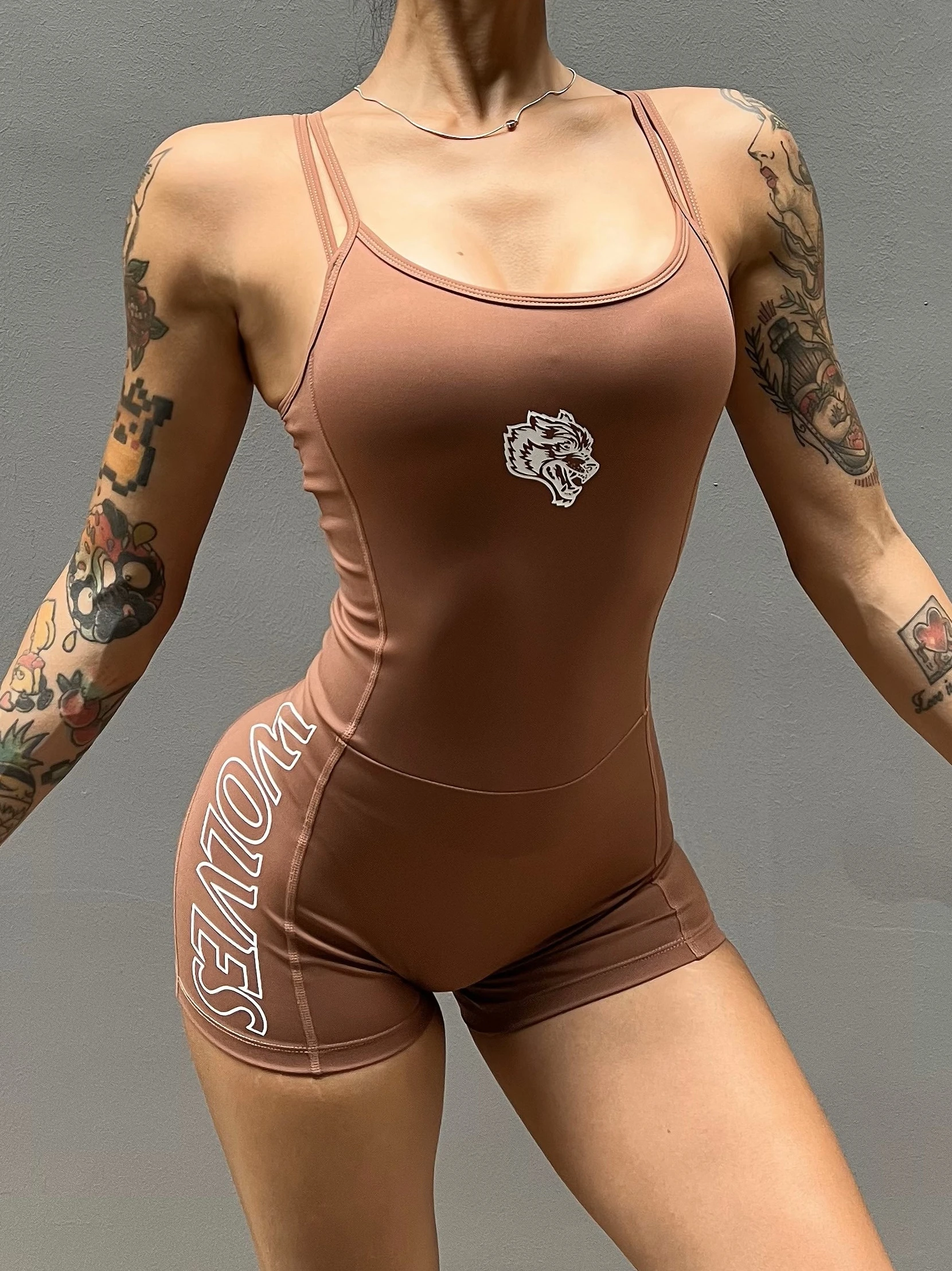 Cross-Border Wolf Head Fitn Yoga Leisure Sports One-Piece Suit Women's Double Strap Nylon Butt-Lifting ort Pants