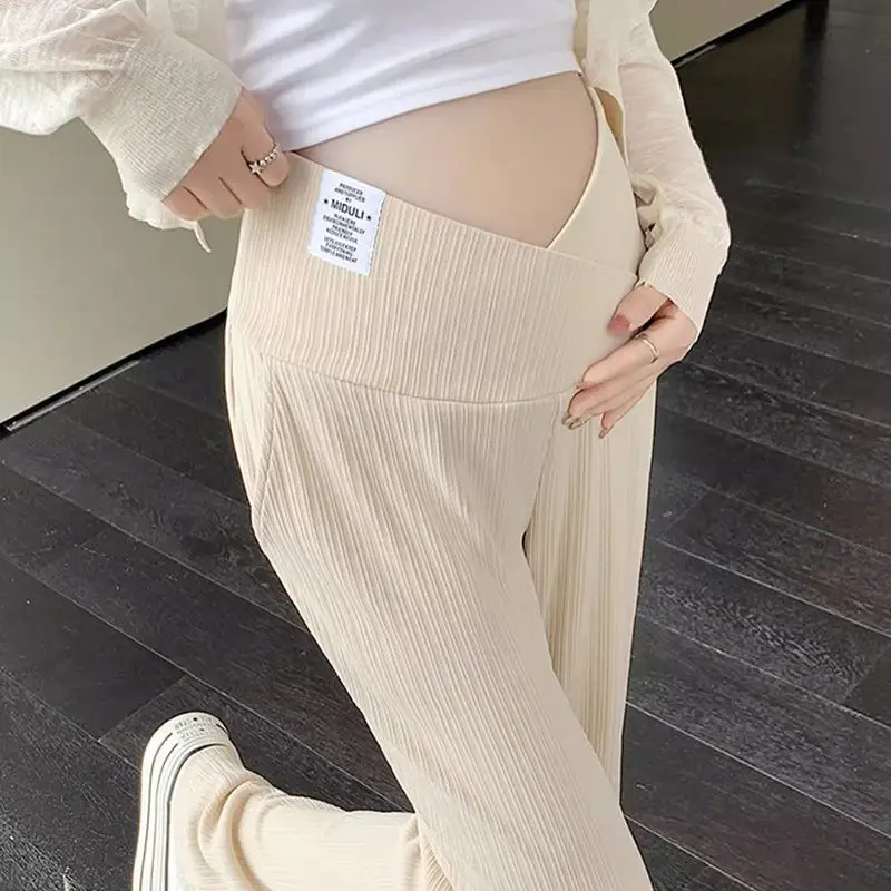 Pregnant Women Summer Thin Wide Leg Pants Loose Maternity Abdomen High Waist Trousers Pregnancy Full Length Belly Pants 5
