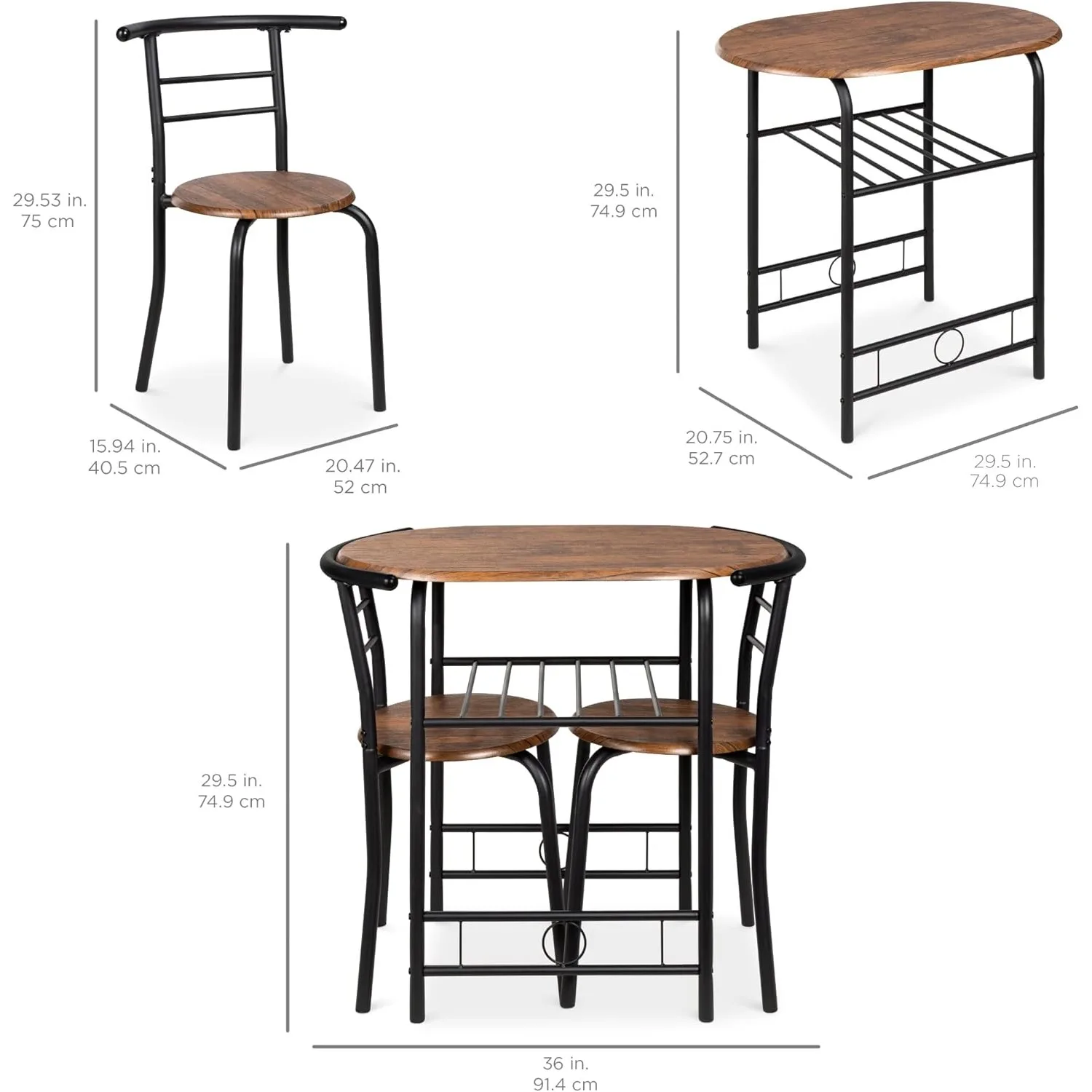 3-Piece Round Dining Table Set with Wine Rack – Black/Brown 6