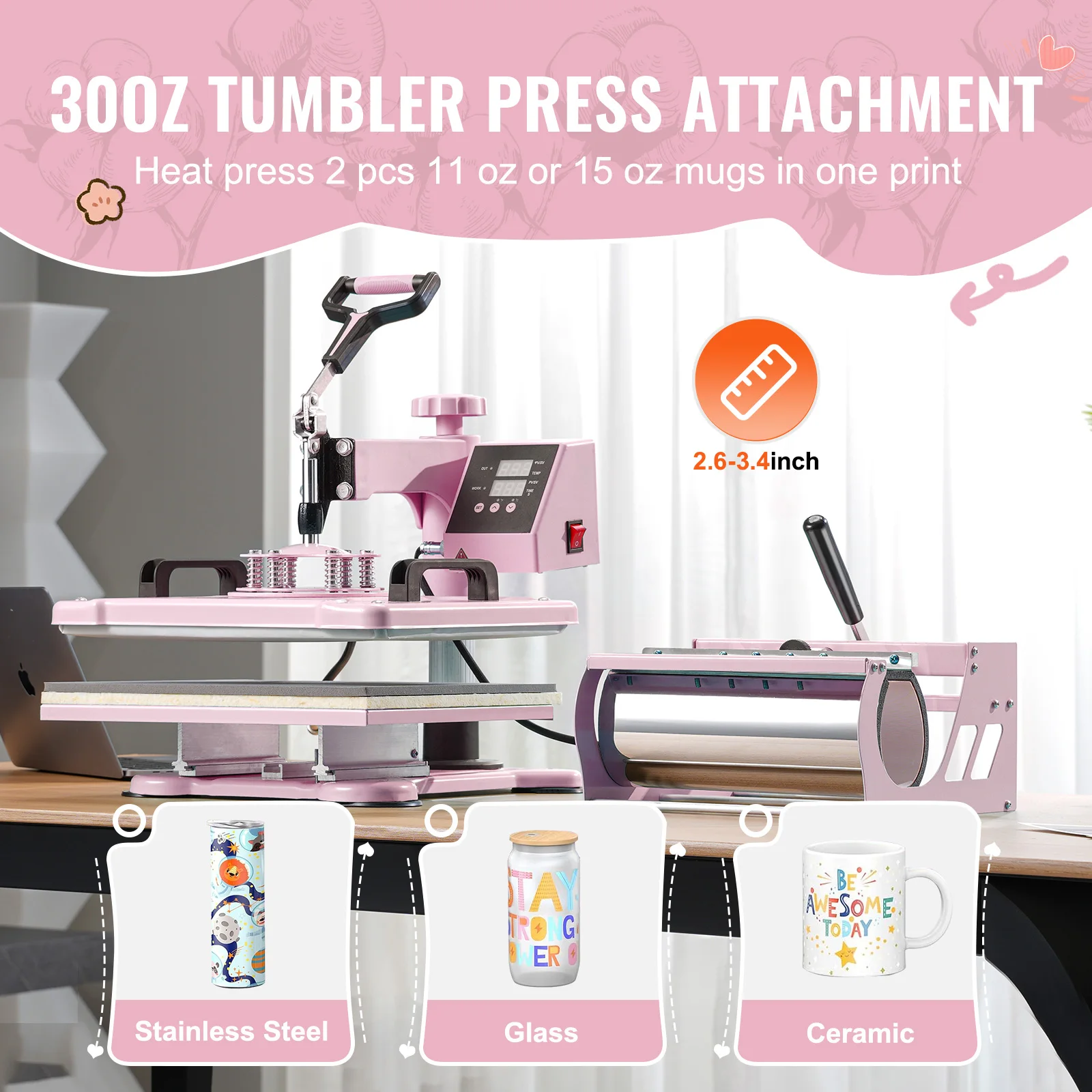 SucceBuy Heat Press Machine 12 x 15 inch 8in 1 Heat Transfer Machine 360° Swing Away T-Shirt for T-Shirts/Mugs/Hats/Plates Pink 3