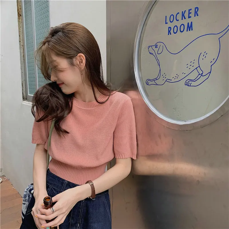 

Women's O Neck Short Sleeve Knitted Tops, Chic Sweater, Monochromatic Pullover, Female Korean Style Knitwear, Casual Slim Jumper