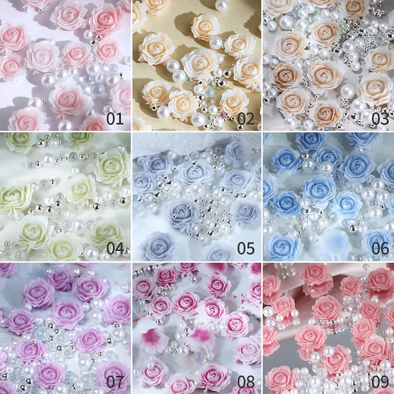 30Pcs Pink Rose Flower 3D Nail Rhinestone Decoration Nail Jewelry Colorful Mixed Pearl Beads Charms Valentine's Nail Arts Supply
