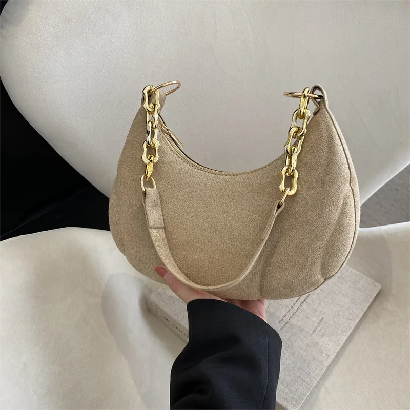 Handbag Women's Niche Luxury Shoulder Bag Winter Style Niche Design Armpit Shoulder Bag Suede Solid Chain Handbag Shoulder Bag