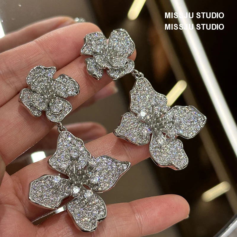 

925 Silver Big Flower Earrings For Women Shine Zirconia Stone Luxury Stud Dangle Drop Earring Party Accessories Fine Jewelry
