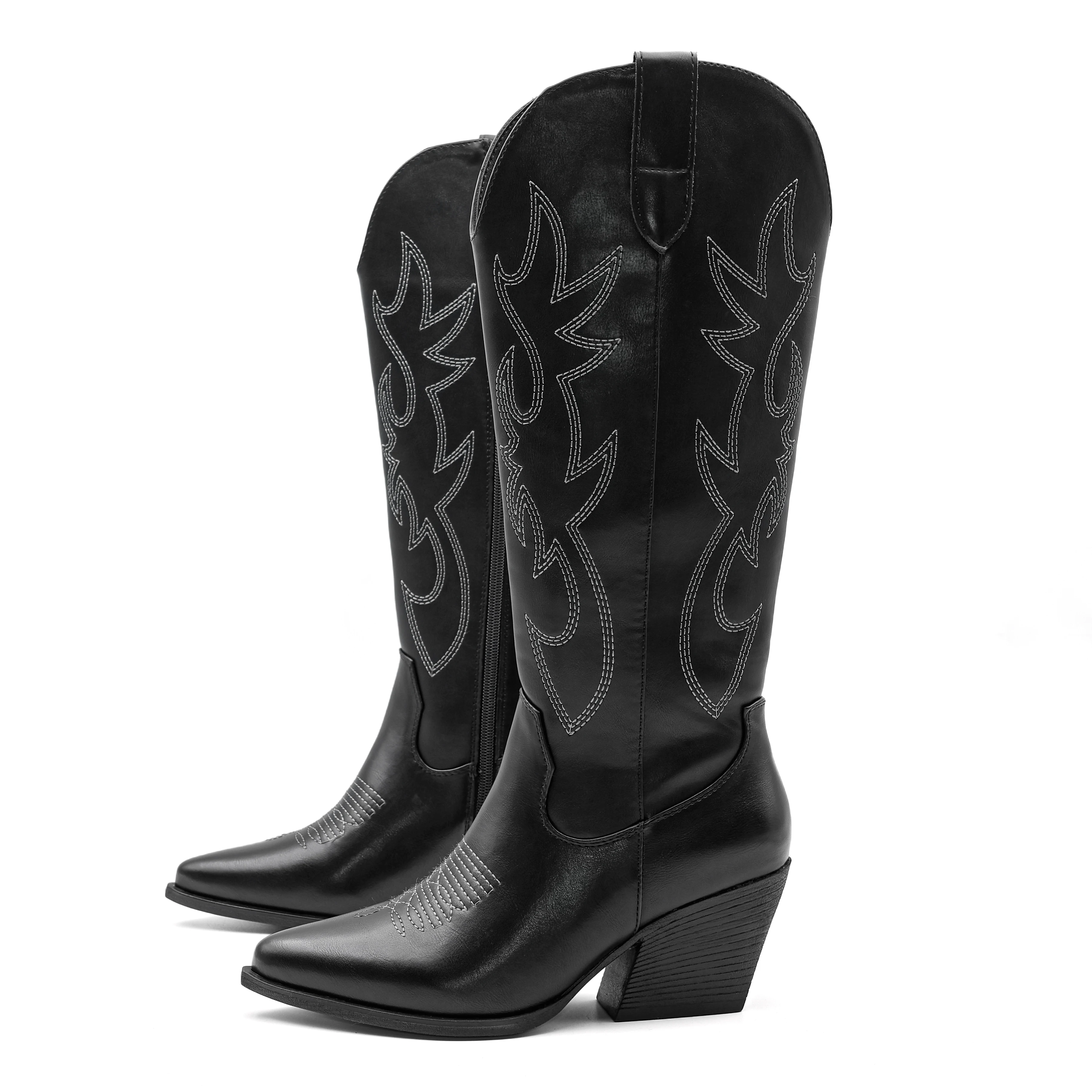 Shoes for Women New Embroidered Western Cowboy Boots Women Autumn Pointed Toe Thick Heel High Knee Boots - 6