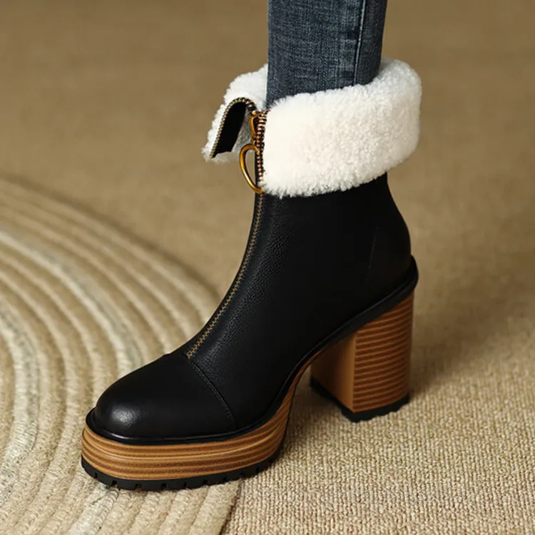 

Black Suede Women Winter Ankle Boots Platform White Plush Short Snow Botas Front Zipper Chunky High Heels Brown Riding Botines