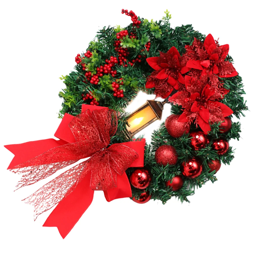 

Christmas Wreath Xmas Outdoor Operated Led Oil Lamp Holiday Red Bow Front Door Decoration
