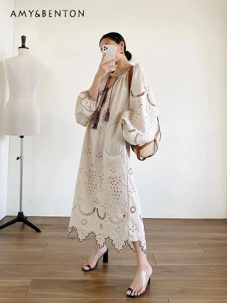 

High-Grade Light Luxury Apricot Tassel Lace-up Dress Women's Summer Hollow-out Crochet Embroidery Loose Mid-Length Dress