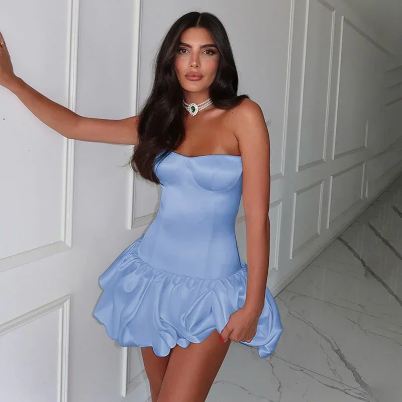 Elegant Strapless Ruched A-line Short Dress Women Slim Off Shoulder Backless Party Dress Autumn Lady Solid Evening Gowns