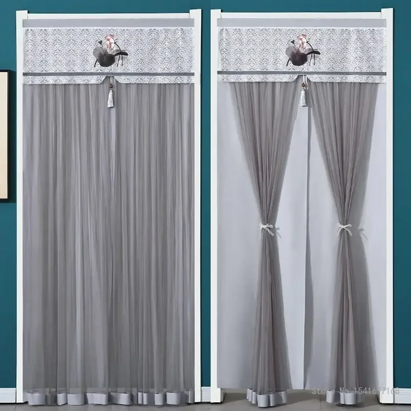 Punch-Free Mosquito Screen Door Curtain, Breathable Bedroom Partition Curtain, Double Layer Opaque Yarn Lace Door Curtain, 1Pc
