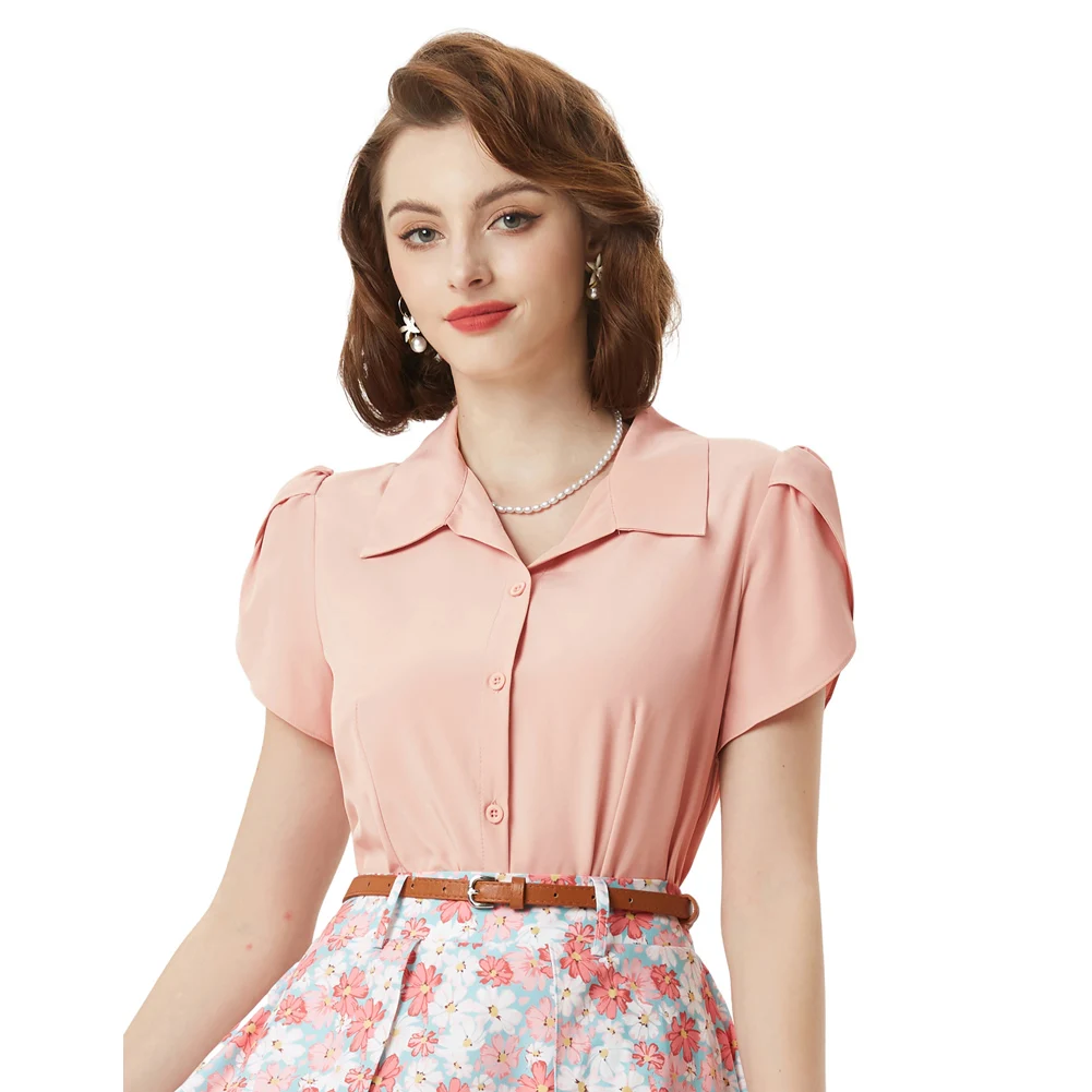 BP Women Shirt Vintage Petal Sleeve Short Sleeve Lapel Collar Button Up Tops Summer Causal Slim Fit Tee Roupas Femininas T-shirt