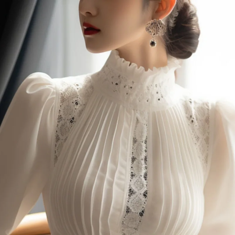 الربيع السيدات المرقعة تفريغ الدانتيل كم طويل قميص بلايز جديد الكورية موضة المرأة بلون الوقوف طوق البلوزات