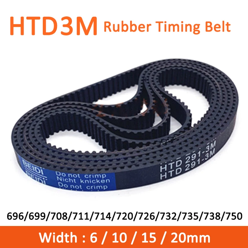 

1pc HTD3M Timing Belt 696/699/708/711/714/720/726/732/735/738/750mm Width 6/10/15/20mm Rubber Closed Synchronous Belt Pitch 3mm