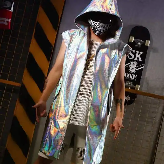 

Nightclub Men PU Leather Silver Hooded Sleeveless Cloak Singer Long Suit Gogo Dance Costume Rave Clothes Bar Stage DJ Costumes