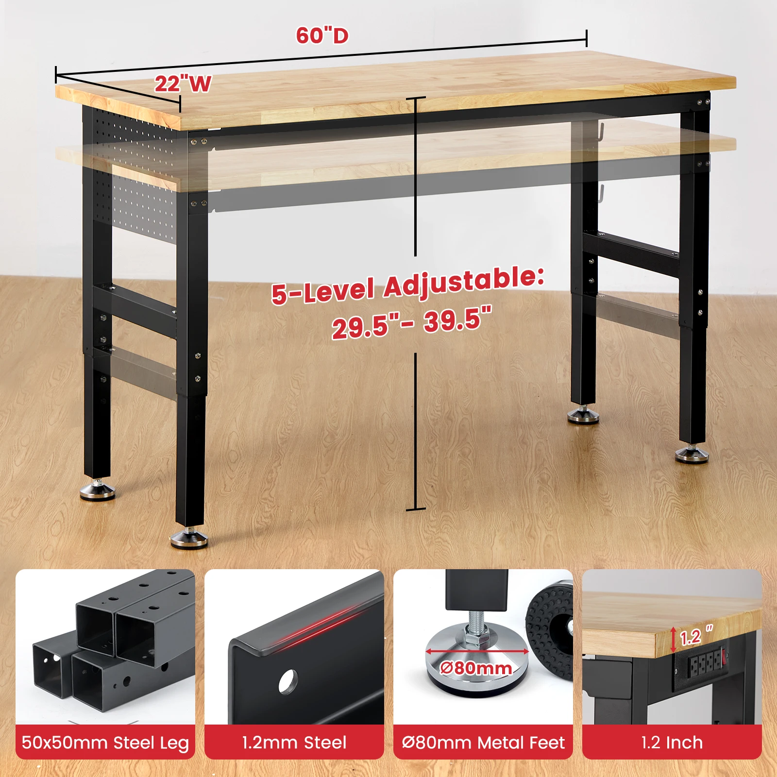 Adjustable Height Wood Workbench Table with Power Outlet
