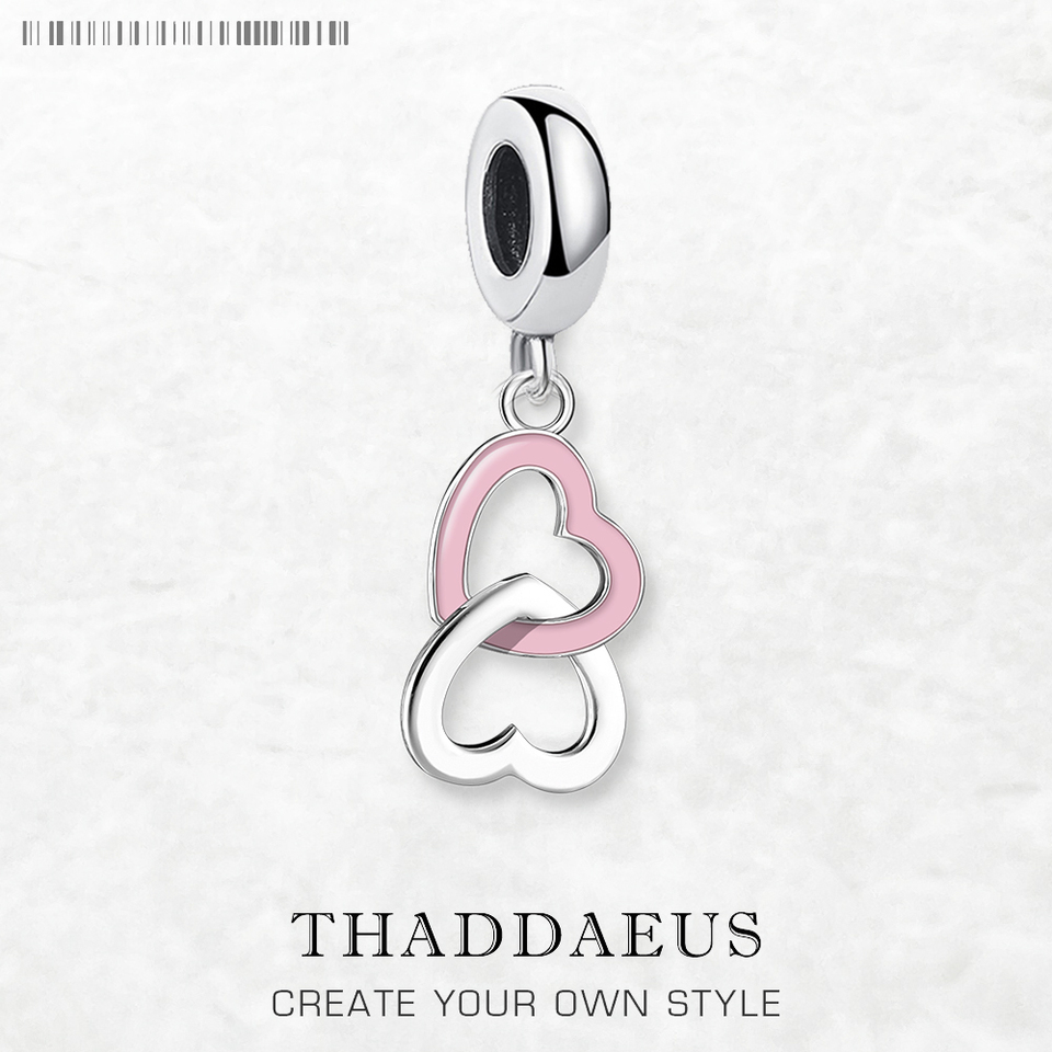 Pink Intertwined Hearts Pendant 925 Sterling Silver Dangle Charm Women Romantic Gift New Fine Jewelry