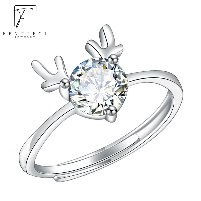 

FENTTECI 100% s925 Sterling Silver Round 1CT Mossanite Antler Ring For Women Passed Diamond Test Engagement Wedding Fine Jewelry