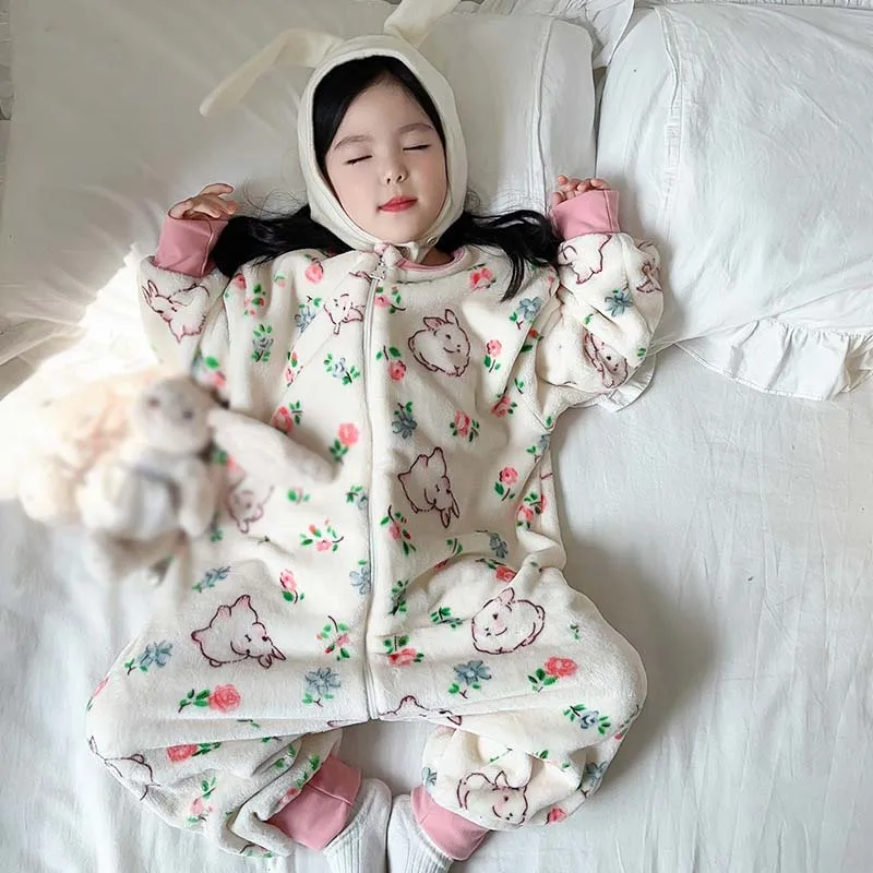Winter Kids Onesie Pajamas Bear Panda Pattern Children Boys Girl Jumpsuit Anti Kick Split Legs Loungewear Home Thermal Sleepwear