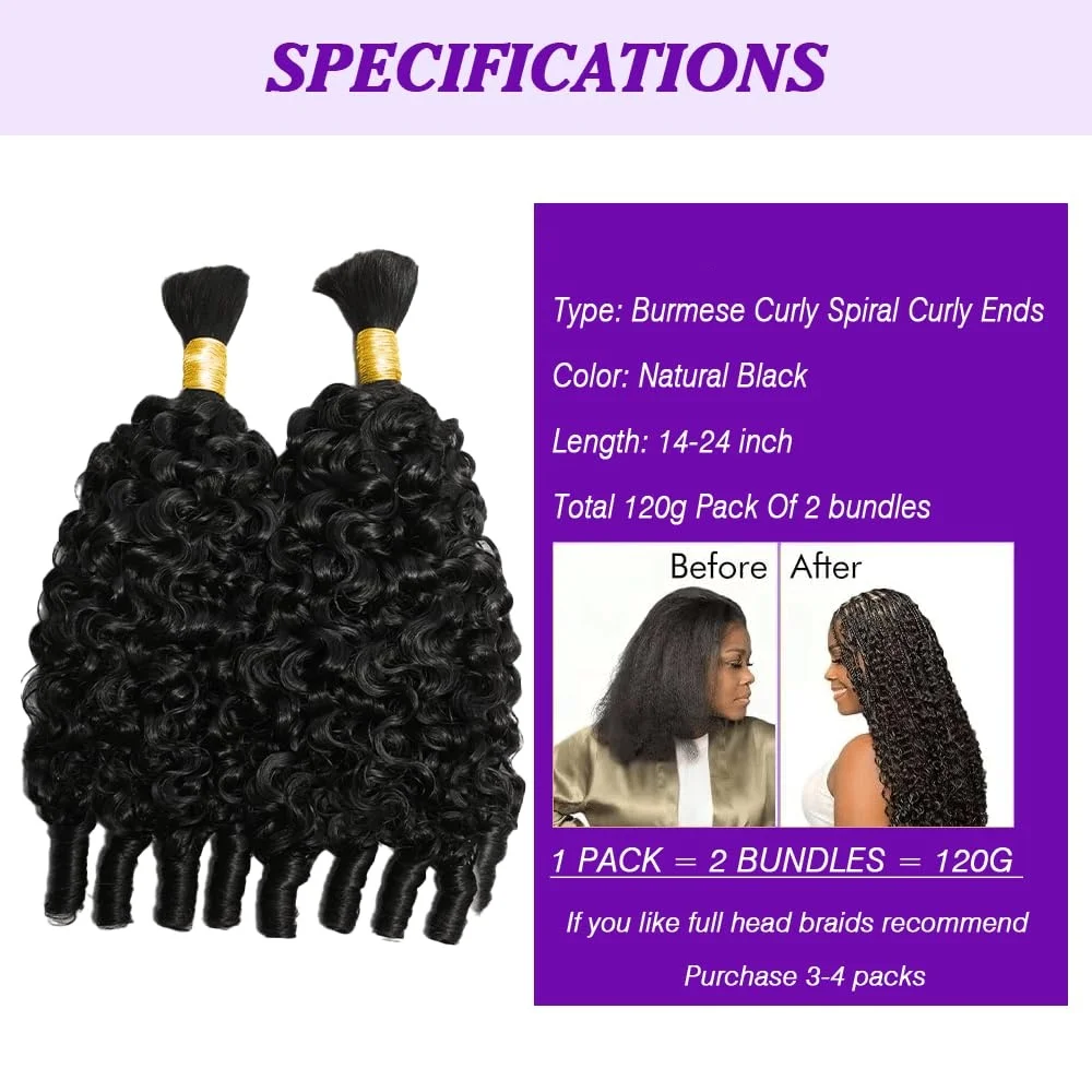 12A Human Braiding Hair for Boho Braids Burmese Curly Spiral Ends Bulk Unprocessed Virgin Hair 1 Bundles/Lot 60g/1Pack Salon-Quality Deep Wave Bulk Human Hair For Braiding 2