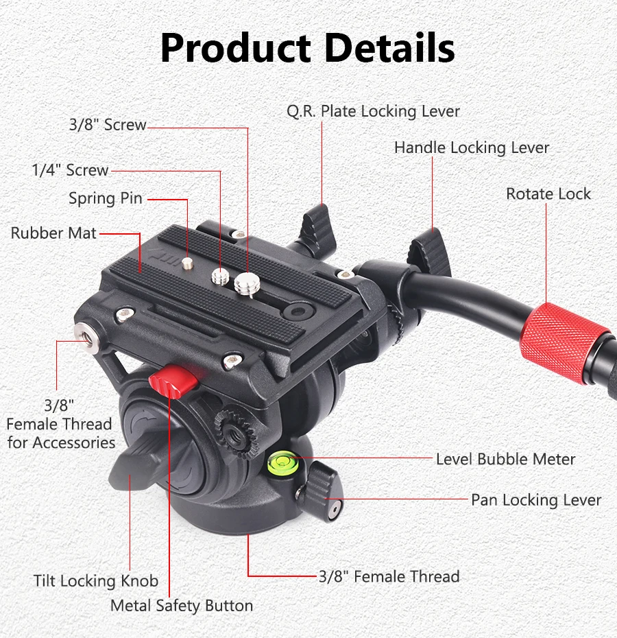 GH-10 Fluid Video Head, with 1/4" and 3/8" Screws Sliding Plate Maxload 10kg fo