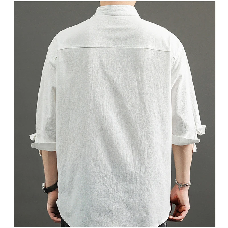New Men's Casual Blouse Cotton Linen Shirt Loose Tops Breathable Tee Shirt Spring Summer Solid Handsome Men Shirts Husband 5XL 4