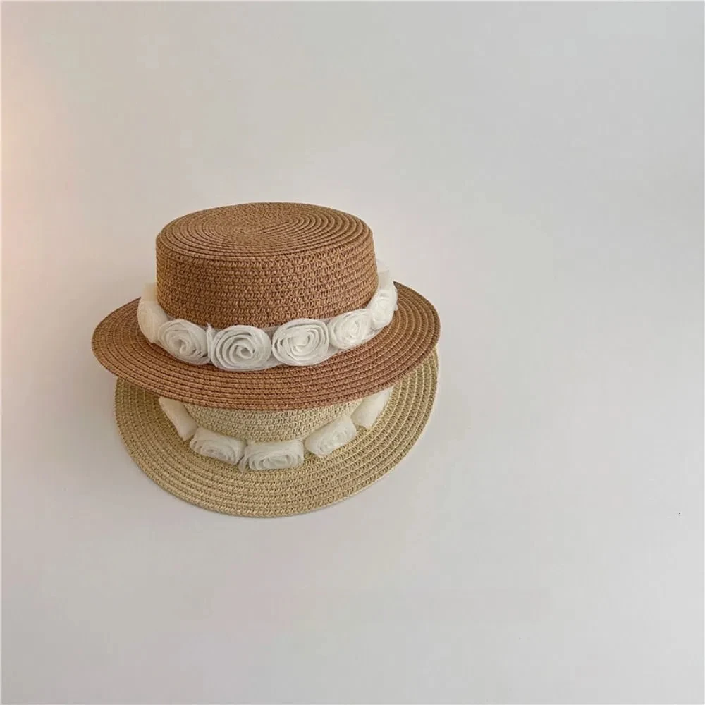 New Summer Baby Straw Caps French Beach Flower Lace Straw Hat Travel Vacation Children Sun Hat Outdoor