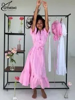 Oymimi Elegant White Cotton Womens Dresses Fashion Short Sleeve V-Neck Lace-Up Dresses Summer Loose Ankle-Length Dress Female - Image 2