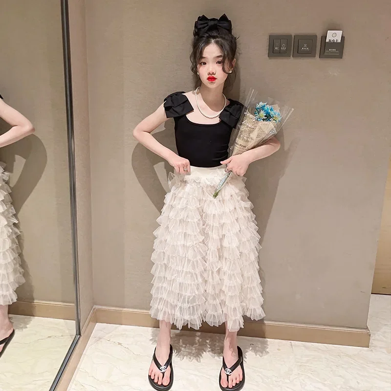 

Summer New Kid Sweet Tops Skirts Sets Big Girl Leisure Mesh Tulle Cake Skirt Fancy Elegant Teens Girls Clothing Fashion Dresses