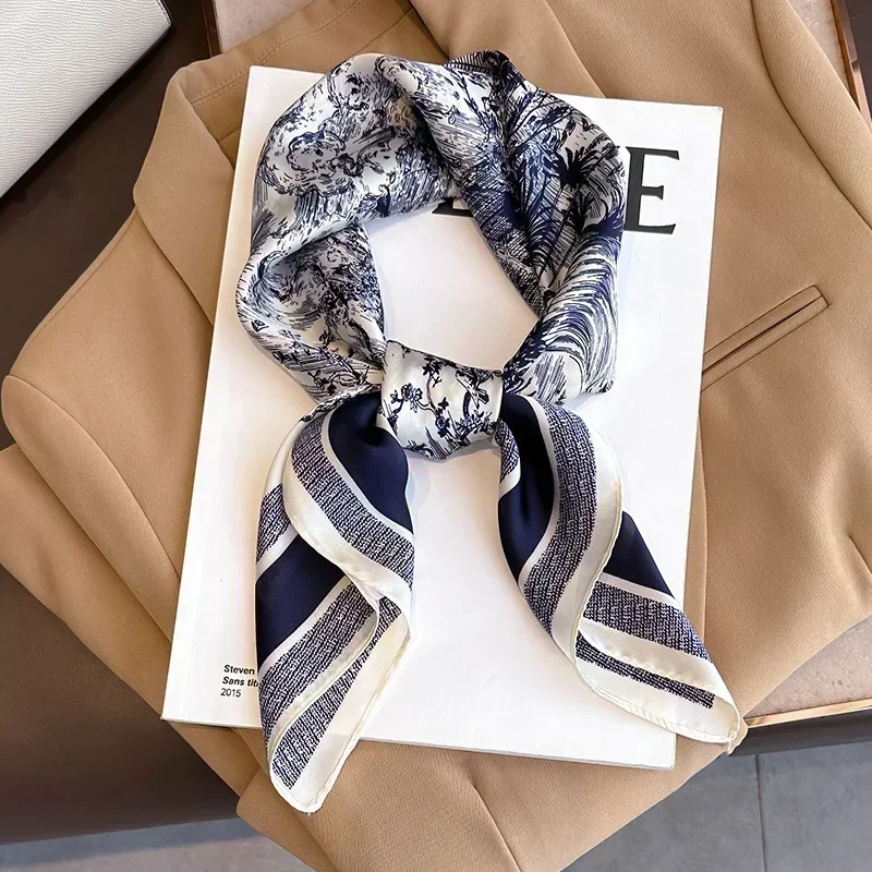 2025 Spring and Autumn New Imitated Silk Scarf Women 70cm Printed Square Scarf Outdoor Small Soft Headband Shawl Wrap Hijab Lady 2