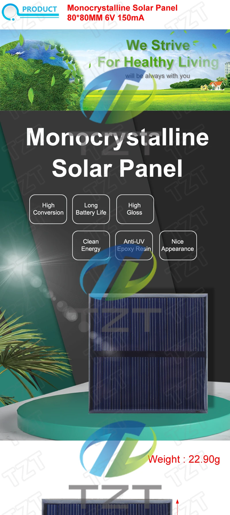 Description Picture 2 of itemTZT 6V 150mA 0.9W Solar Panel Polycrystalline 80*80MM Mini Sunpower Solar System DIY for Battery Cell Phone Charger