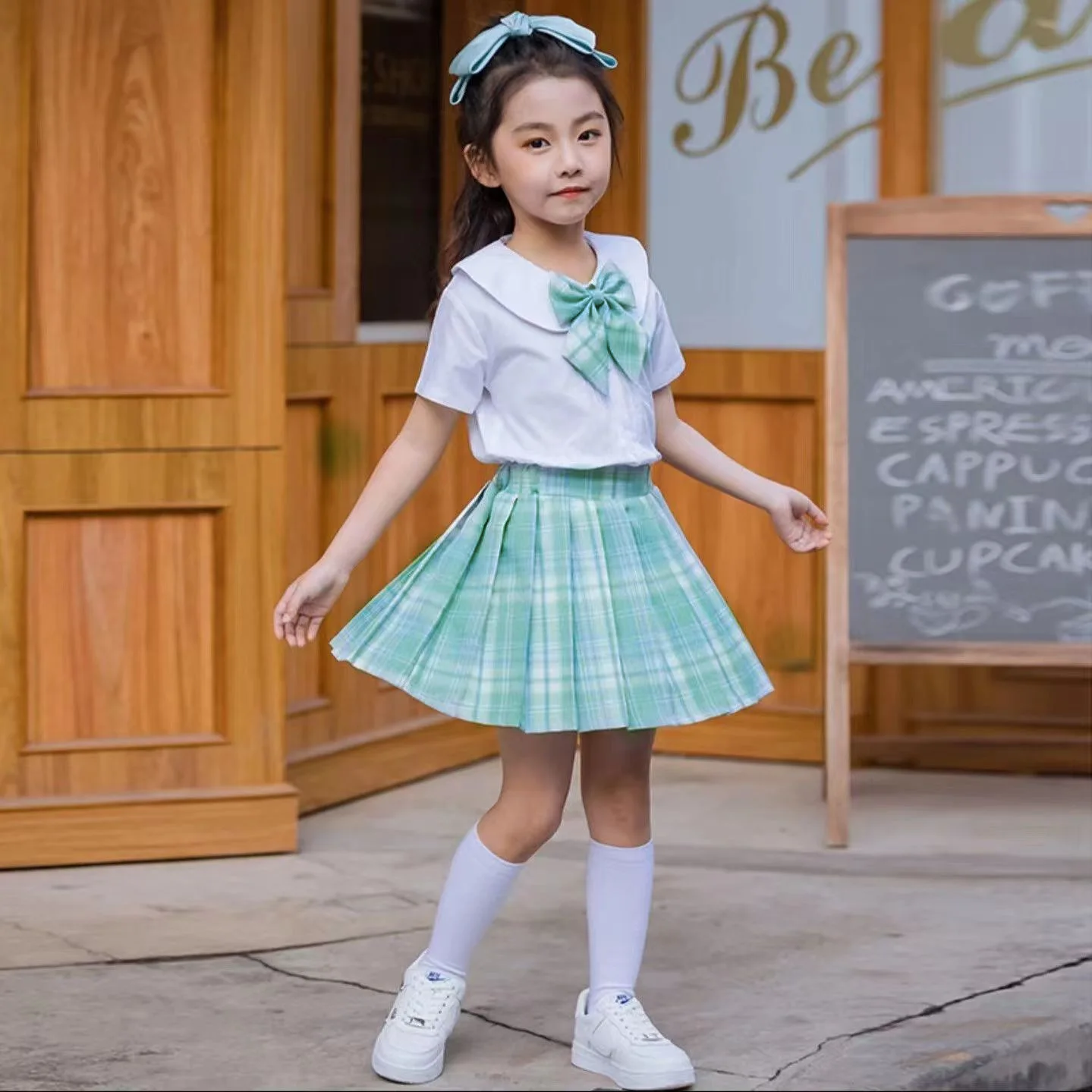 2024 summer new girls sailor short white bowknot T shirt blouse + jk plaid pleated skirt suit teenager children set 4 12 year - Image 3